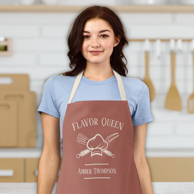Women's Custom Text & Name Chef Cooking BBQ Apron ("Flavor queen" funny cute womens bbq chef apron with customizable name and text gift for her grandma)