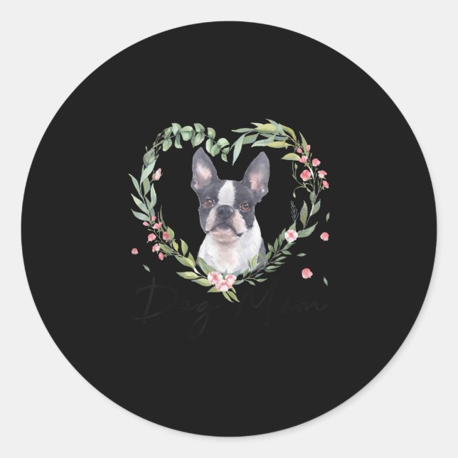 Womens Cute Boston Terrier Mom Flower Dog Lover Classic Round Sticker (Front)