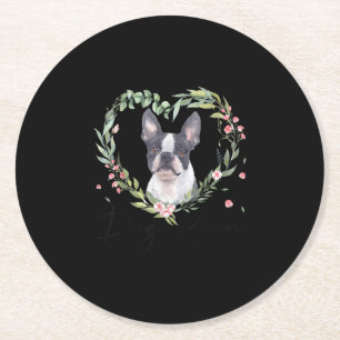 Womens Cute Boston Terrier Mom Flower Dog Lover Round Paper Coaster