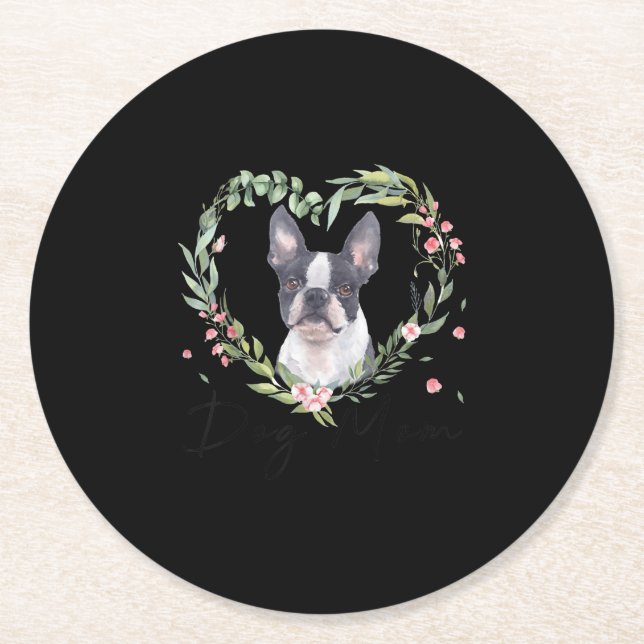 Womens Cute Boston Terrier Mom Flower Dog Lover Round Paper Coaster (Front)
