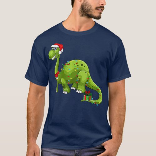 Womens Cute Brontosaurus Santa Hat Christmas Light T_Shirt