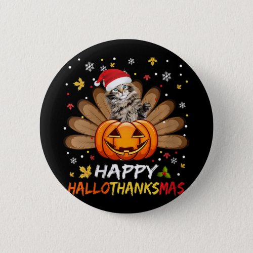 Womens Cute Cat Happy Hallothanksmas Halloween Tha Button