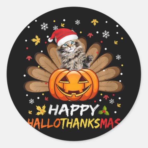 Womens Cute Cat Happy Hallothanksmas Halloween Tha Classic Round Sticker