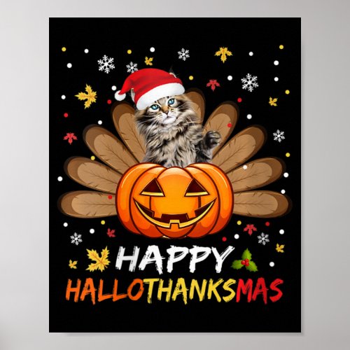 Womens Cute Cat Happy Hallothanksmas Halloween Tha Poster