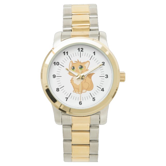 Women's Cute Cat Oversized Two-Tone Bracelet Watch (Front)