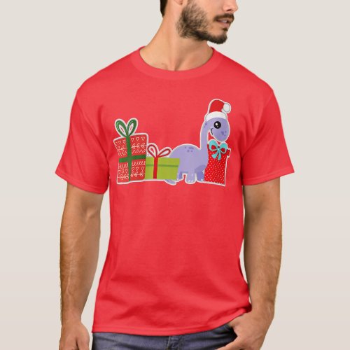 Womens Cute Christmas Brontosaurus with Santa Hat  T_Shirt