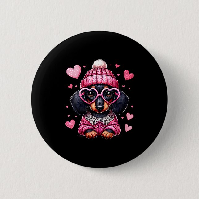 Women's Cute Dachshund Valentines Heart Dog Lover  Button (Front)