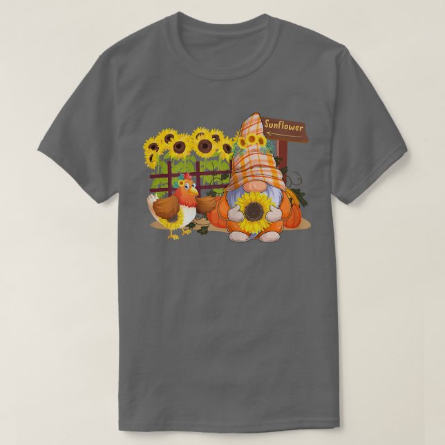 Womens Cute Gnome And Chicken Sunflower, Farmer  T-Shirt (Design Front)