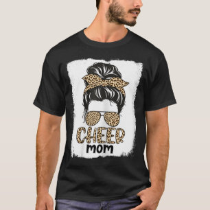 Womens Cute Messy Bun Cheer Mom Funny Leopard Band T-Shirt