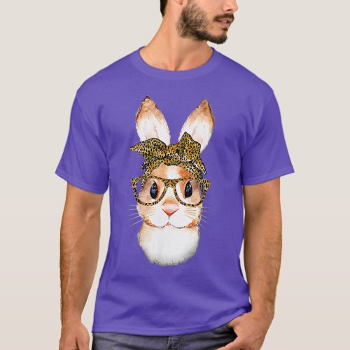 Womens Cute Nerd Easter Bunny Mom Leopard Bandana  T_Shirt