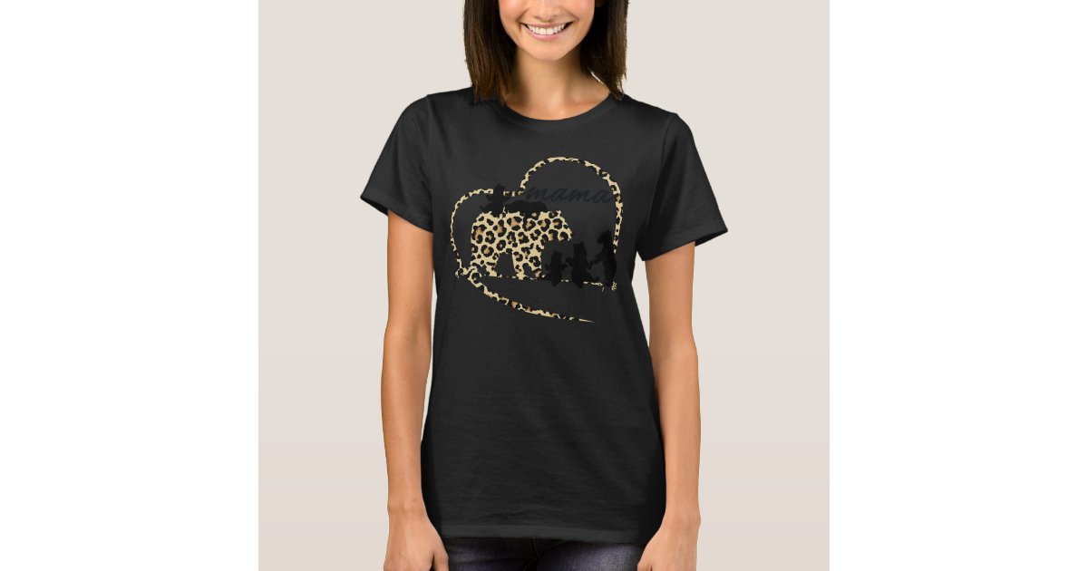 Womens Cute Trendy Mama Bear 5 Cubs Mom Cheetah Print Heart Design T-Shirt