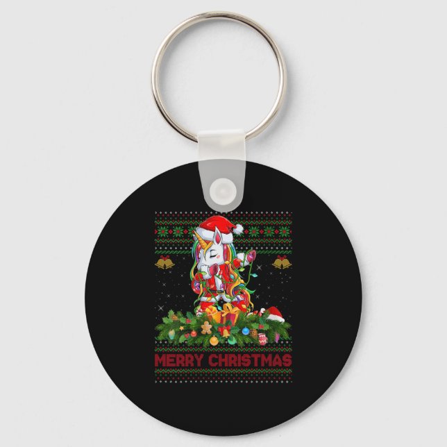 Womens Dabbing Unicorn Ugly Christmas Sweaters Fun Keychain (Front)