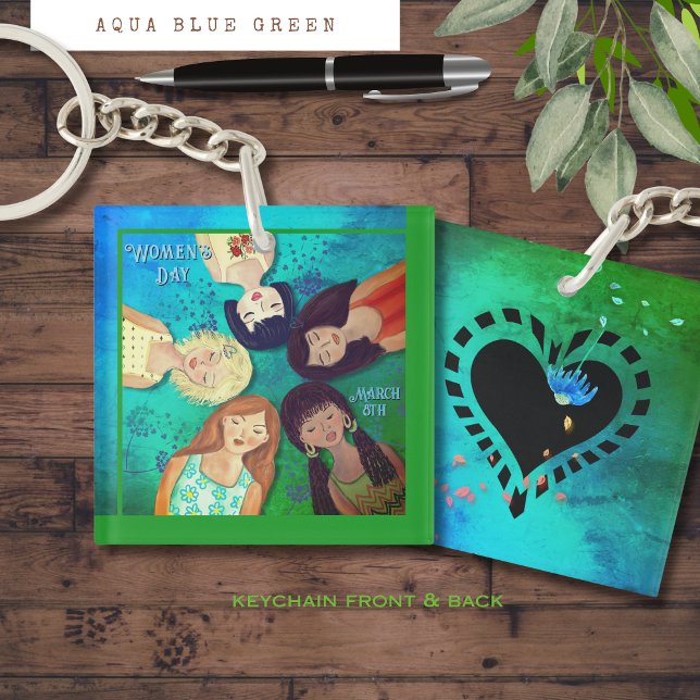 Women's Day  Woman Portraits Aqua Square Keychain (Women's Day Woman Portraits Aqua Square Keychain )