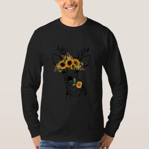 Womens Deer Antler Sunflower Head Bandana Animal T_Shirt