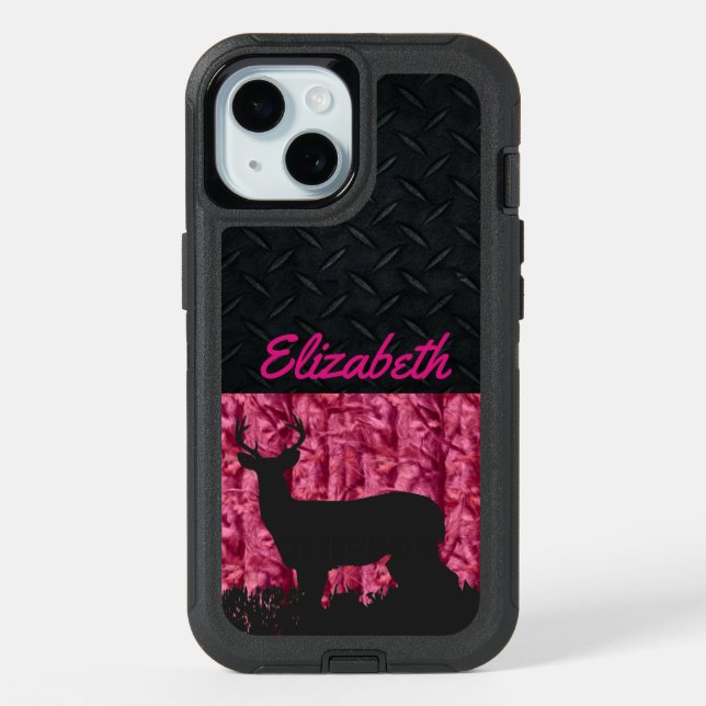 Women's Deer Hunting Rugged Pink Camo  iPhone 15 Case (Back)
