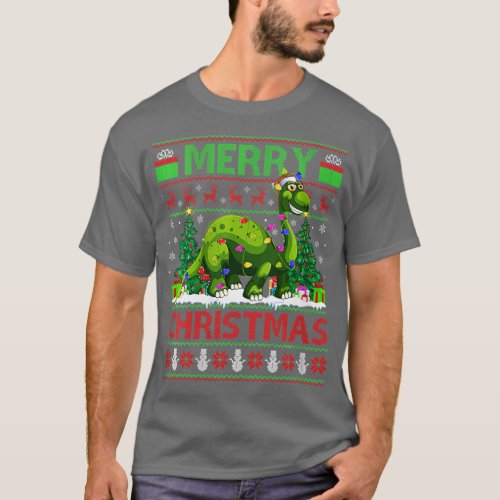 Womens Dinosaur Xmas Lighting Santa Hat Ugly Bront T_Shirt