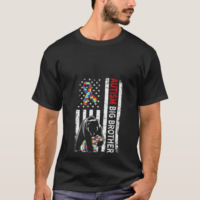 Womens Distressed American Flag Autism Big Brother T-Shirt (Front)