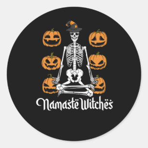Womens Distressed Halloween Yoga Skeleton Namaste Classic Round Sticker