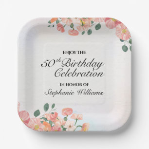 Women's Elegant Floral 50th Birthday Celebration Paper Plates