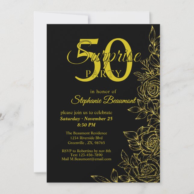Women's Elegant Golden Rose Flower 50th Birthday Invitation (Front)