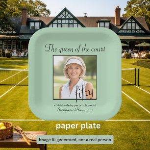 Women's Elegant Photo Tennis 50th Birthday Party Paper Plates