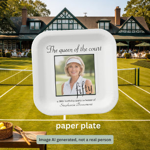 Women's Elegant Photo Tennis 50th Birthday Party Paper Plates