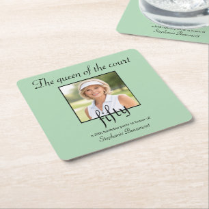 Women's Elegant Photo Tennis 50th Birthday Party Square Paper Coaster