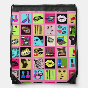womens faces Makeup Beauty Cosmetics collage art Drawstring Bag
