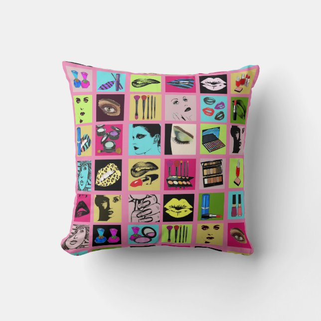 womens faces Makeup Beauty Cosmetics collage art Throw Pillow (Front)