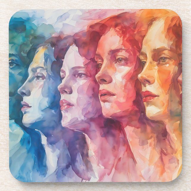 Women's Faces - Watercolor Painting Beverage Coaster (Front)