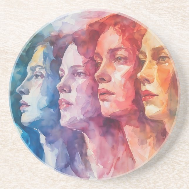 Women's Faces - Watercolor Painting Coaster (Front)