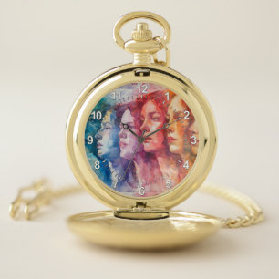 Women's Faces - Watercolor Painting Pocket Watch
