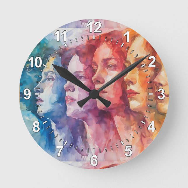Women's Faces - Watercolor Painting Round Clock (Front)