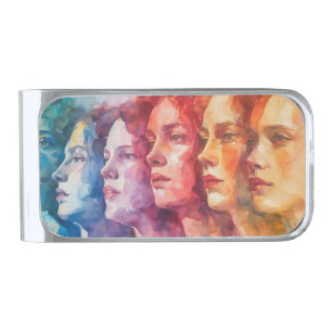Women's Faces - Watercolor Painting Silver Finish Money Clip