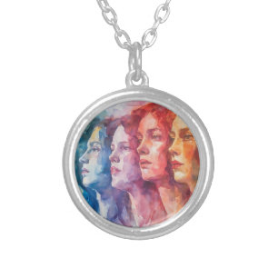 Women's Faces - Watercolor Painting Silver Plated Necklace