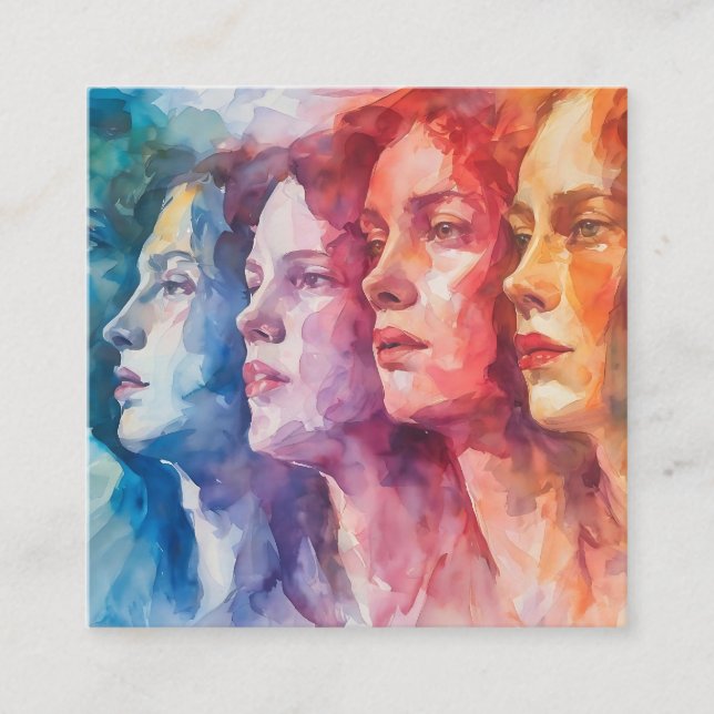Women's Faces - Watercolor Painting Square Business Card (Front)