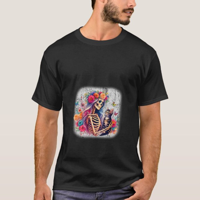 Womens Female Skeleton And Cute Kitten Cat Lovers  T-Shirt (Front)