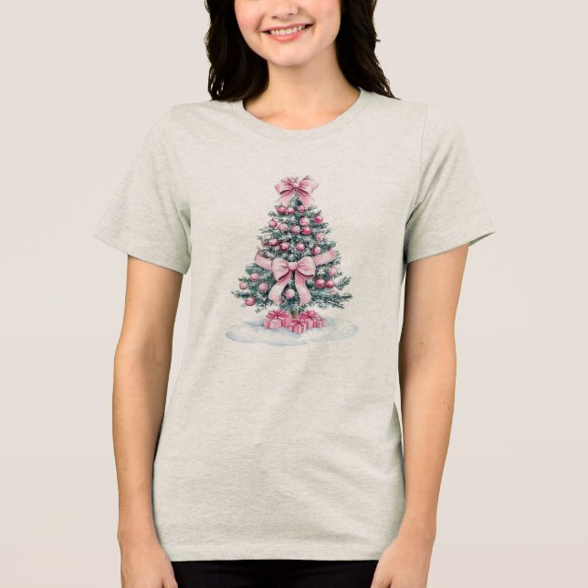 Women's Festive Pink Ribbon Christmas Holiday  Tri-Blend Shirt (Front)
