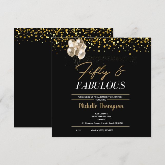 Women's Fifty and Fabulous Gold Birthday   Invitat Invitation (Front/Back)