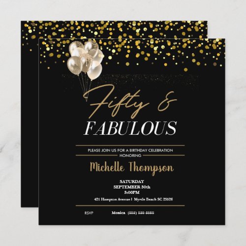 Womens Fifty and Fabulous Gold Birthday   Invitat Invitation