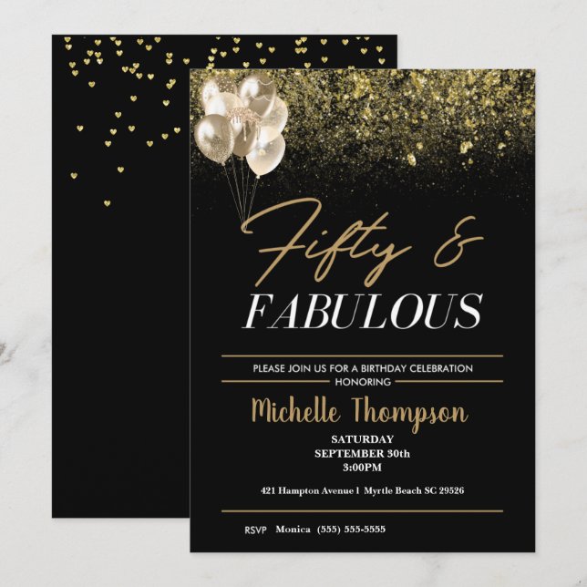 Women's Fifty and Fabulous Gold Birthday   Invitation (Front/Back)