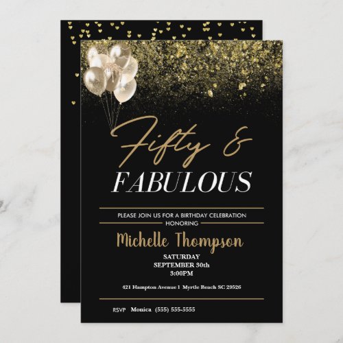 Womens Fifty and Fabulous Gold Birthday   Invitation