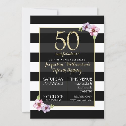 Womens Fifty  Fabulous  Modern Floral Stripes Invitation
