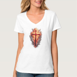 Women's Flaming Christian Cross V-Neck Tee