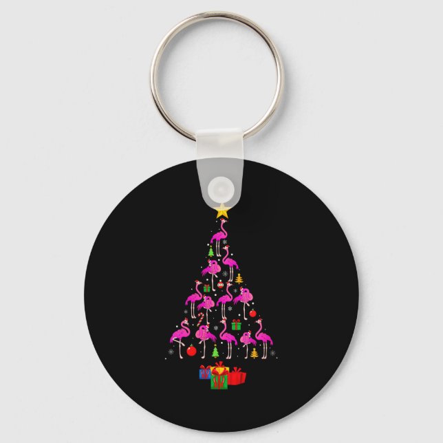 Womens Flamingo Christmas Tree Pajamas Santa Hat F Keychain (Front)