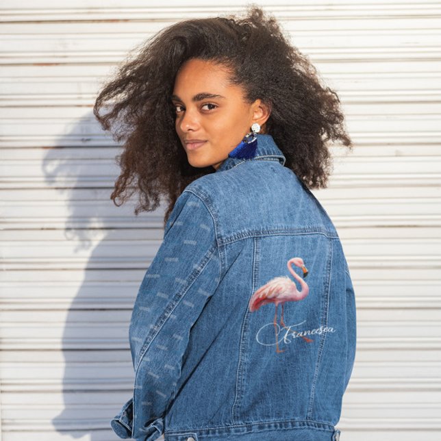 Womens Flamingo Theme Pink  Denim Jacket (Creator Uploaded)