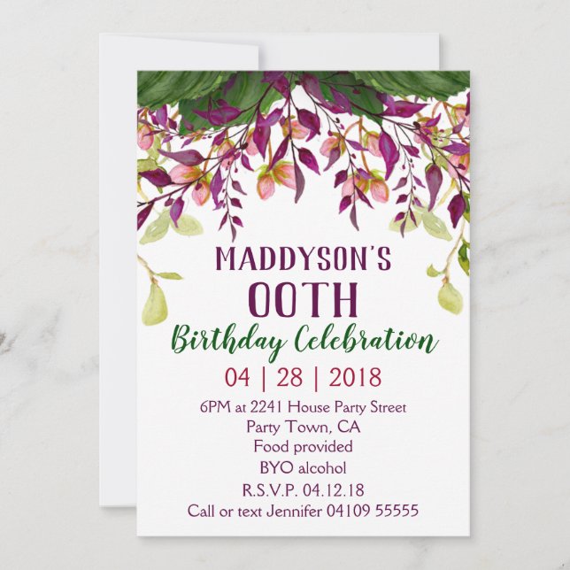 Women's Floral 80th 90th 91st 92nd 95th 98th 99th Invitation (Front)