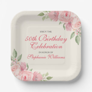 Women's Floral Elegant Rose 50th Birthday Party Paper Plates