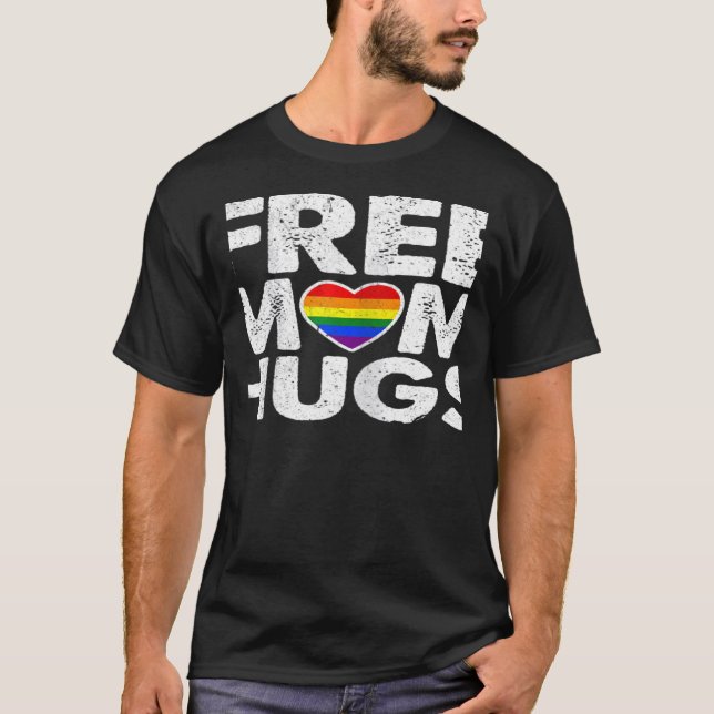 Womens Free Mom Hugs LGBT Rainbow Heart Gay Lesbia T-Shirt (Front)