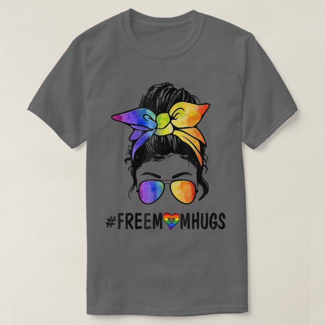 Womens Free Mom Hugs Messy Bun LGBT Pride Rainbow  T-Shirt (Design Front)